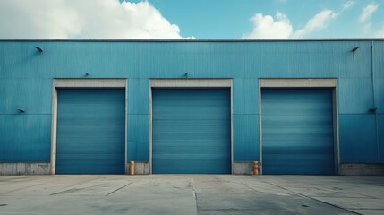 Fototapeta premium Blue warehouse with three big garage doors, standing tall under a bright sky in an industrial setting