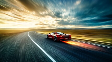Red Sports Car Driving at High Speed on a Winding Road