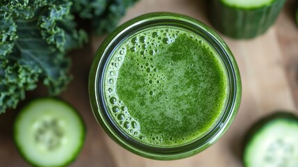 A fresh green smoothie made with kale and cucumber on a wooden surface with slices of cucumber