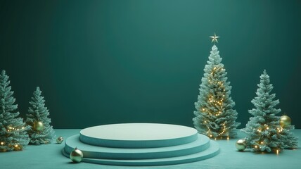 Three Christmas Trees With a Snowy Green Podium