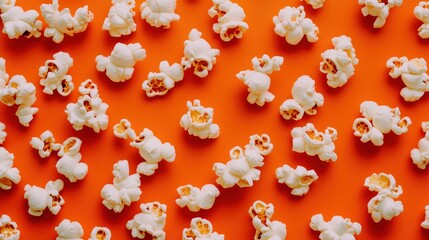 Popcorn flat lay on vibrant orange background for digital media and design