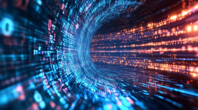 Abstract digital tunnel with binary code glowing in blue, orange, and red hues