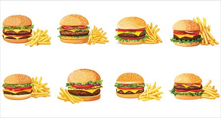 Tasty burger and French fries fast food vector, Delicious burger with French fries, Fast food hamburger with French fries, Burger and French fries fast food vector illustration