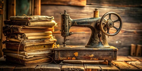 Vintage Sewing Machine Surrounded by Classic Books for Cozy Aesthetic