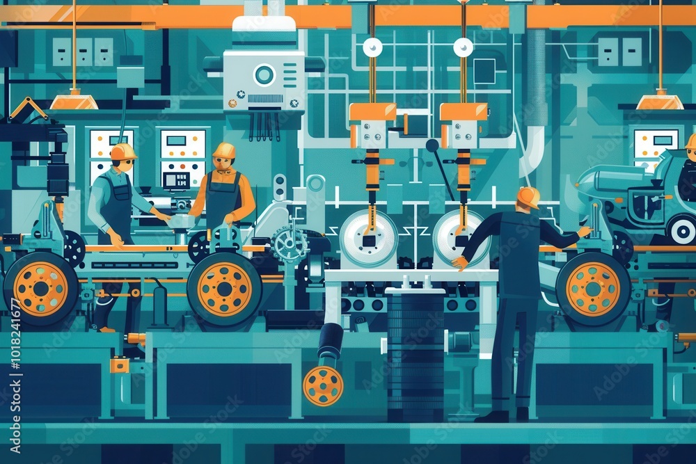 Poster in a busy manufacturing facility, workers assemble car components using advanced machinery and tools