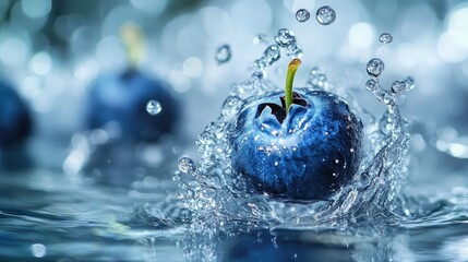 Blueberry suspended in mid-air above a water splash, captured in motion for a fresh and dynamic scene