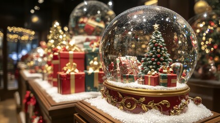 Festive Christmas scene with red ornaments, candy canes, wrapped gifts, and a snow globe, placed next to a snow-covered Christmas tree. Soft, glowing bokeh lights fill the light background.