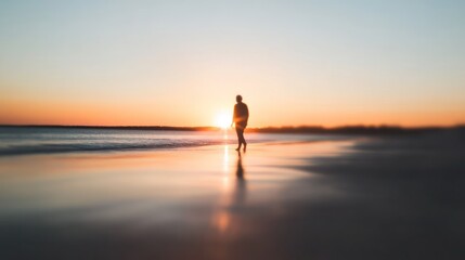 Fototapeta premium Silhouette of a Person Walking Towards Sunset on the Beach