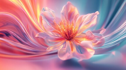 Obraz premium A vibrant 3D blooming flower with delicate petal details, set against a swirling dynamic background, showcasing abstract elegance
