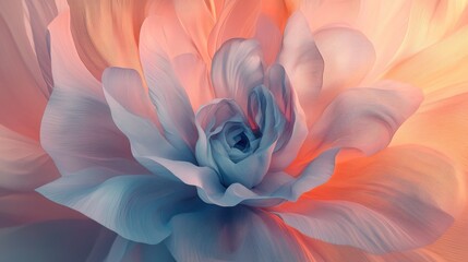 An abstract 3D blooming flower with delicate layers of petals, emerging from a dynamic, colorful background, evoking a sense of elegance