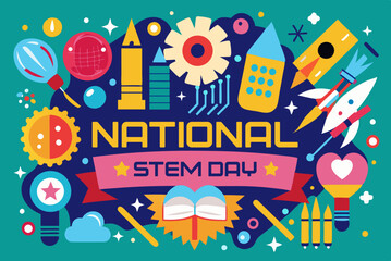 Colorful banner celebrating national stem day with science and technology symbols