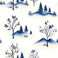 Blue Watercolor Winter Forest Seamless Pattern Nature Background Design Element Illust