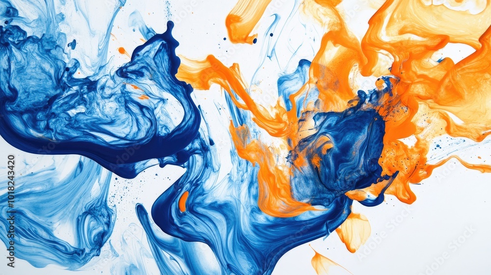 Poster bright blue and orange ink swirling together in fluid, abstract patterns, creating a dynamic and col