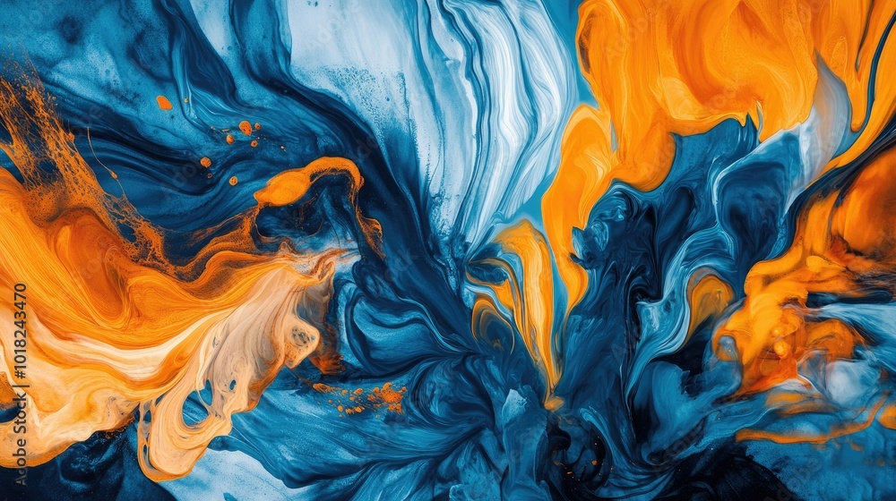 Poster bright blue and orange ink swirling together in fluid, abstract patterns, creating a dynamic and col