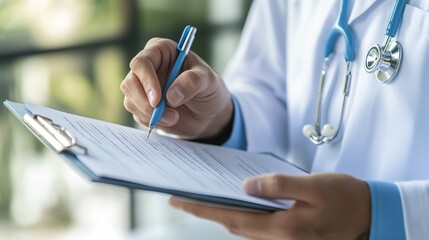 Fototapeta premium A doctor reviewing patient notes and writing prescriptions in a medical office during a routine consultation