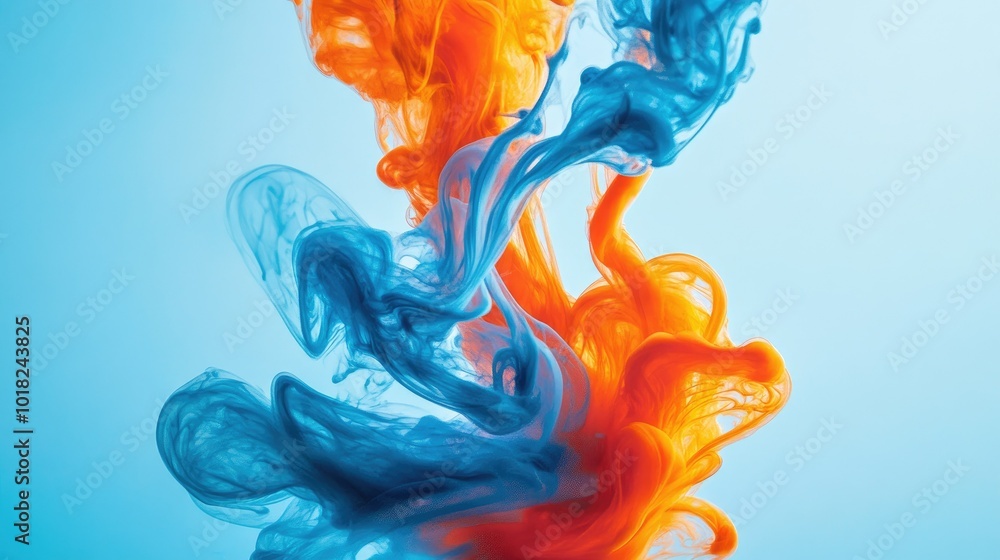 Poster bright blue and orange ink swirls mixing in water, creating an abstract, fluid composition with dyna