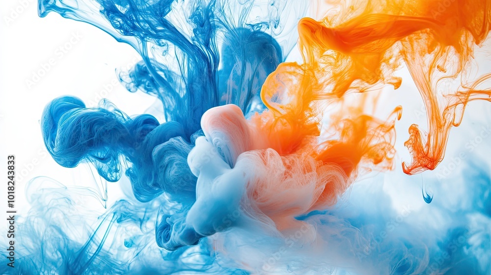 Poster bright blue and orange ink swirls mixing in water, creating an abstract, fluid composition with dyna
