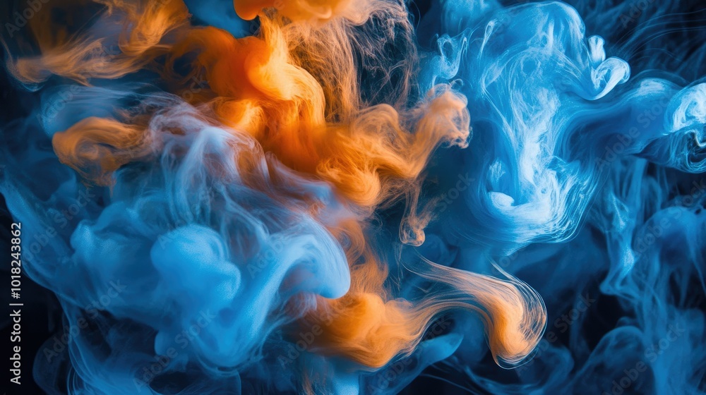 Poster bright blue and orange ink swirls mixing in water, creating an abstract, fluid composition with dyna