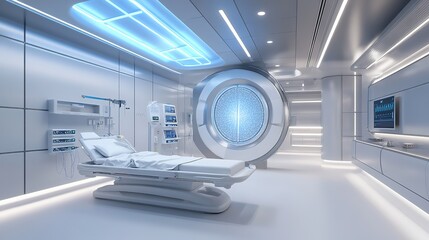 Modern hospital interior featuring advanced medical equipment and patient care facilities in a well-lit environment