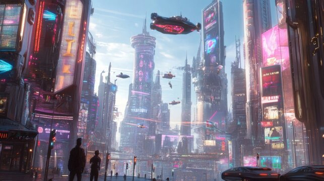 Futuristic Cityscape with Flying Vehicles and Neon Signs