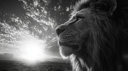 Majestic lion in a black and white sunrise scene, looking towards the horizon in a wildlife landscape