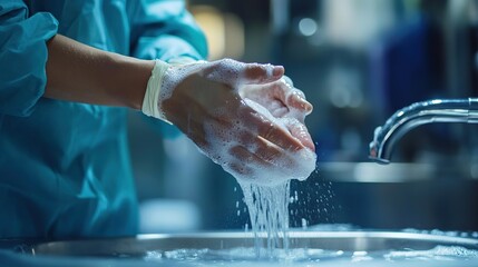 Health care professional washing hands thoroughly in a medical facility during a routine hygiene procedure