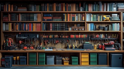 Organized workshop with tools and books on shelves.