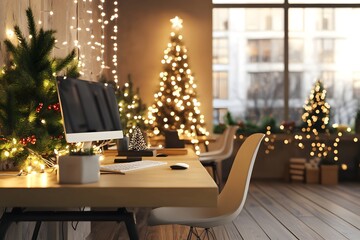 A cozy, decorated workspace with Christmas trees, twinkling lights, and a computer, creating a festive holiday atmosphere.