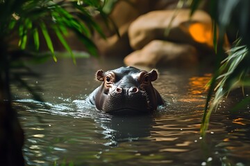 Fototapeta premium A hippo emerges from the water, surrounded by lush vegetation, showcasing its large head and unique features in a natural habitat.