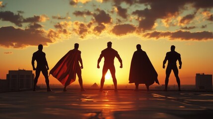 Superhero silhouettes posed on a rooftop, representing power and bravery. 