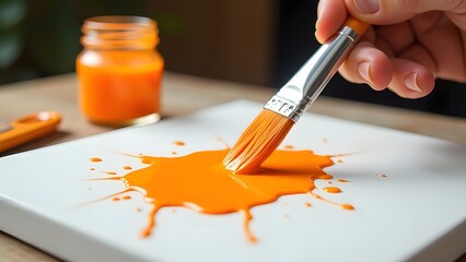 Painting with orange paint and brush on a white canvas