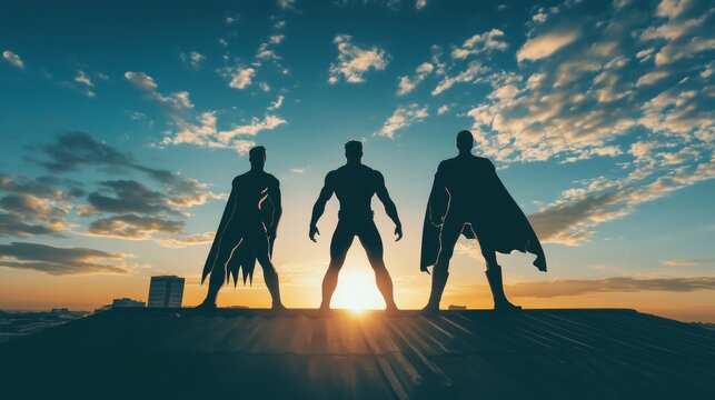 Superhero silhouettes posed on a rooftop, representing power and bravery. 