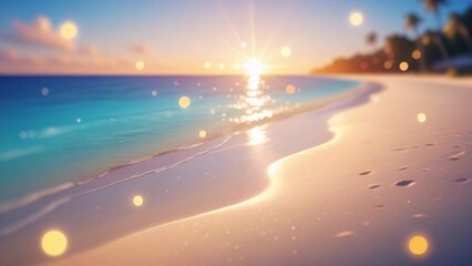 Blurred beach sunset with soft light and bokeh effect.