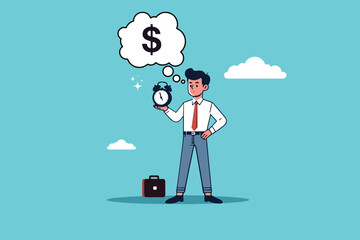 time is money business concept, a young businessman stands holding an alarm clock and imagines money