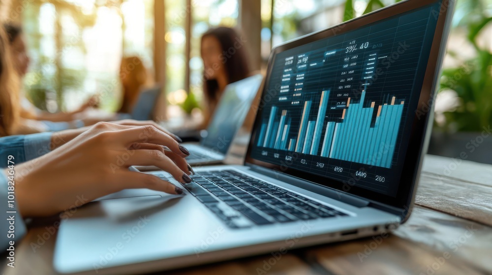 Poster a person analyzes data on a laptop while sitting in a modern workspace, showcasing productivity and 