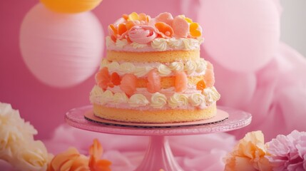Vintage kitsch cake in pink and orange colors held against a pink backdrop. 