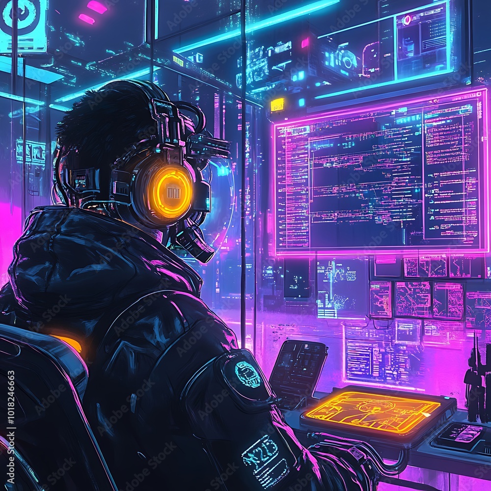 Poster thrilling neon cyberpunk setting highlighting a talented futuristic hacker