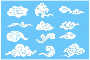 Flat cloud. Simple cloudy shapes. Cartoon white puffy, fluffy and cumulus clouds in blue sky. Abstract comic weather elements