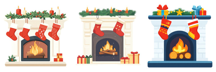 Festive Christmas fireplace isolated on transparent PNG background image perfect for holiday-themed illustrations or seasonal design projects