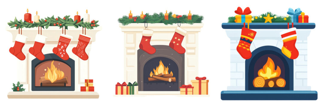 Festive Christmas fireplace isolated on transparent PNG background image perfect for holiday-themed illustrations or seasonal design projects