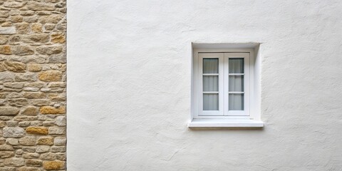 Minimalist white wall with single framed window and stone trim