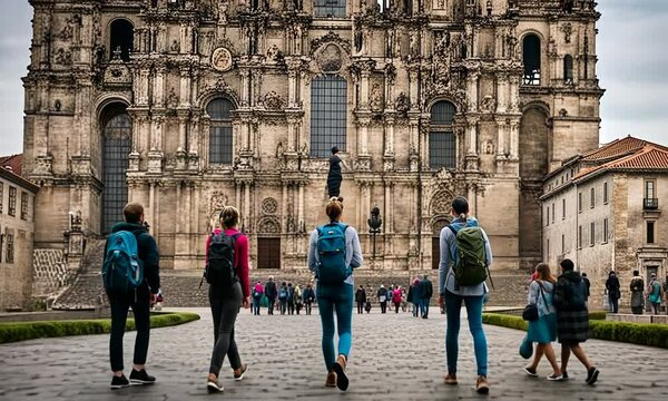 Pilgrims arriving at Santiago de Compostela. Camino de Santiago.