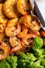 Lunch of shrimp and vegetables cooked in the oven