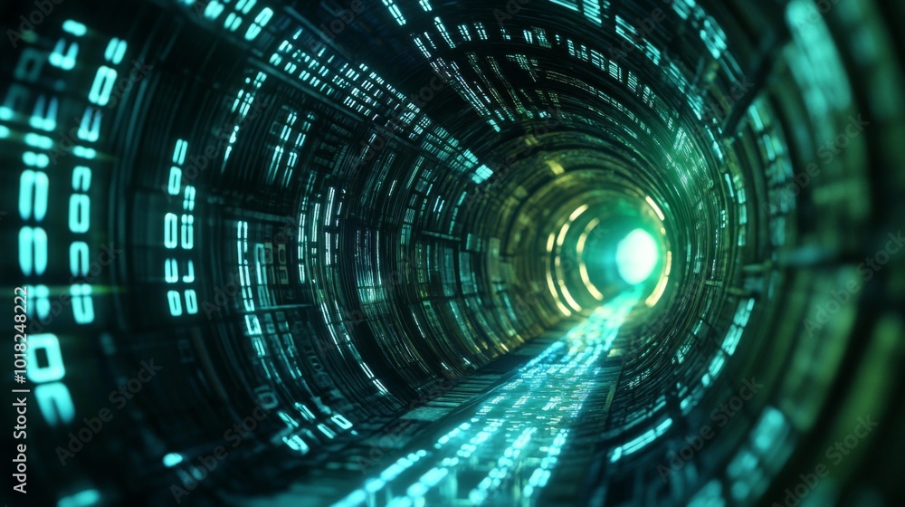 Poster futuristic tunnel with glowing green and yellow lights and binary code