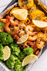Lunch of shrimp and vegetables cooked in the oven