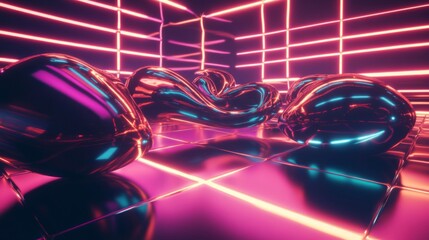 Shiny Metallic Objects in a Neon-Lit Grid Room