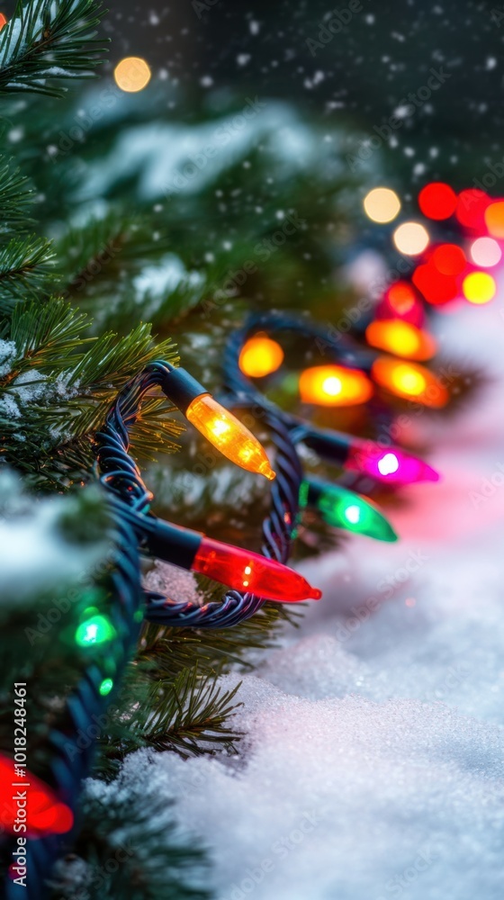 Poster colorful string lights coiled neatly, on a snowy evergreen background with sparkling bokeh, copy spa