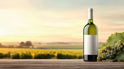 Fototapeta premium Elegant White Wine Bottle with Grapes at Sunset