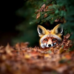 A fox peeking through colorful autumn leaves in a serene forest setting.