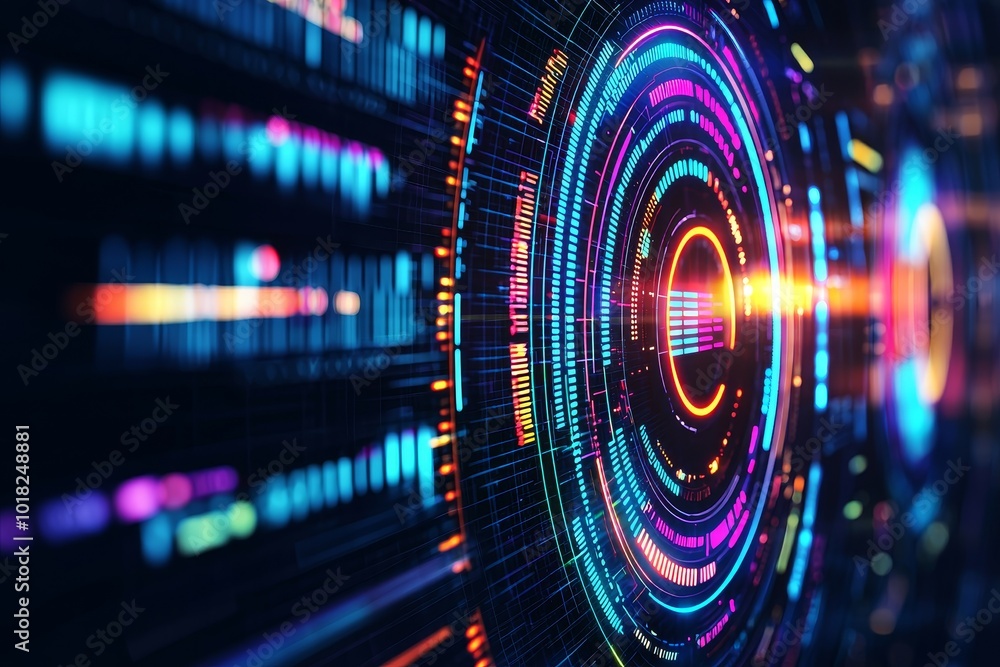 Poster abstract colorful technology background with light effects and circular patterns.